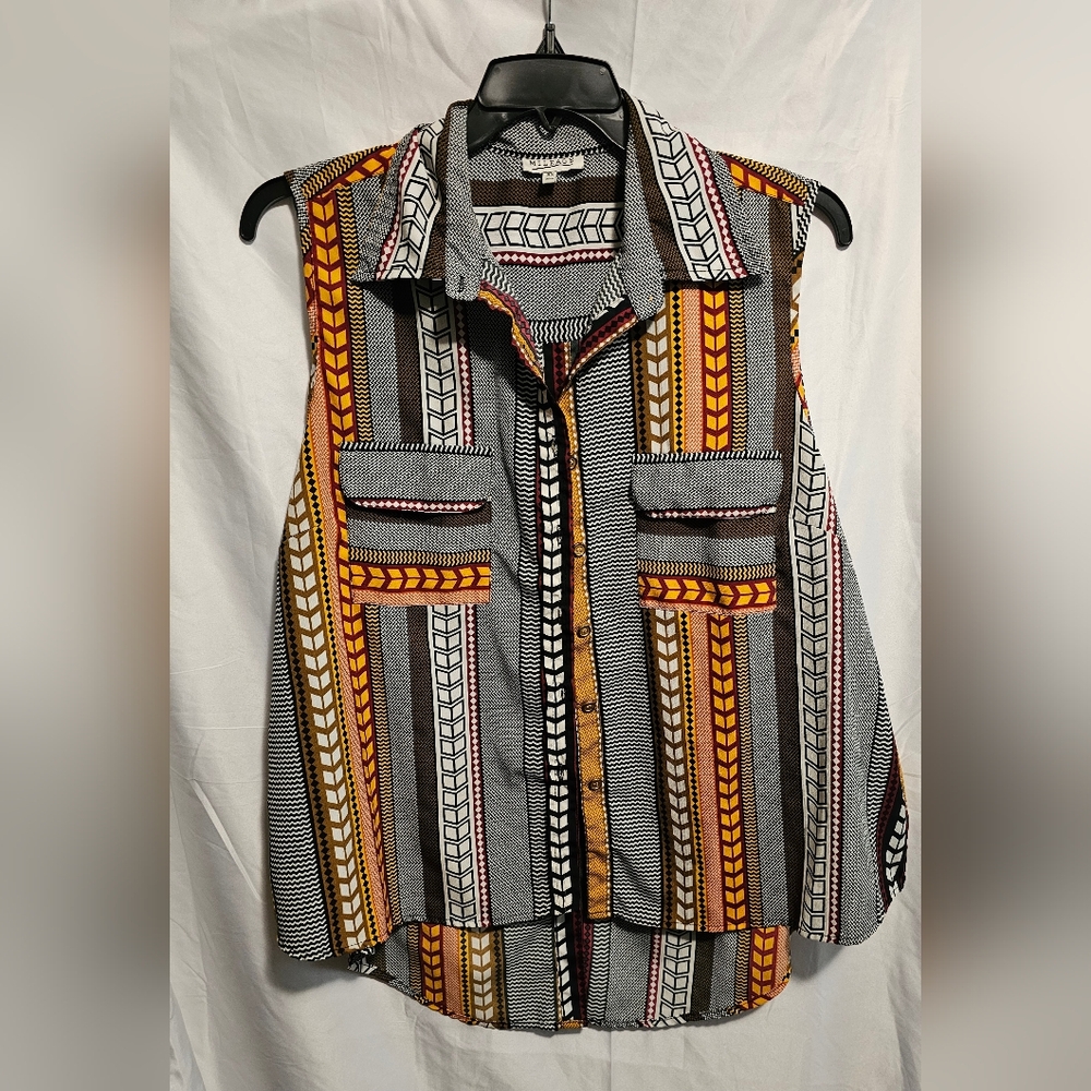 Mileage Ladys Orange Black Sleeveless Button Down Shirt Size 3X